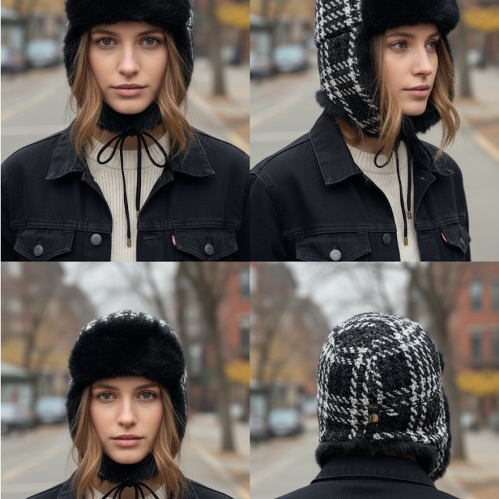 Chic Black and White Women's Knit Hat faux fur